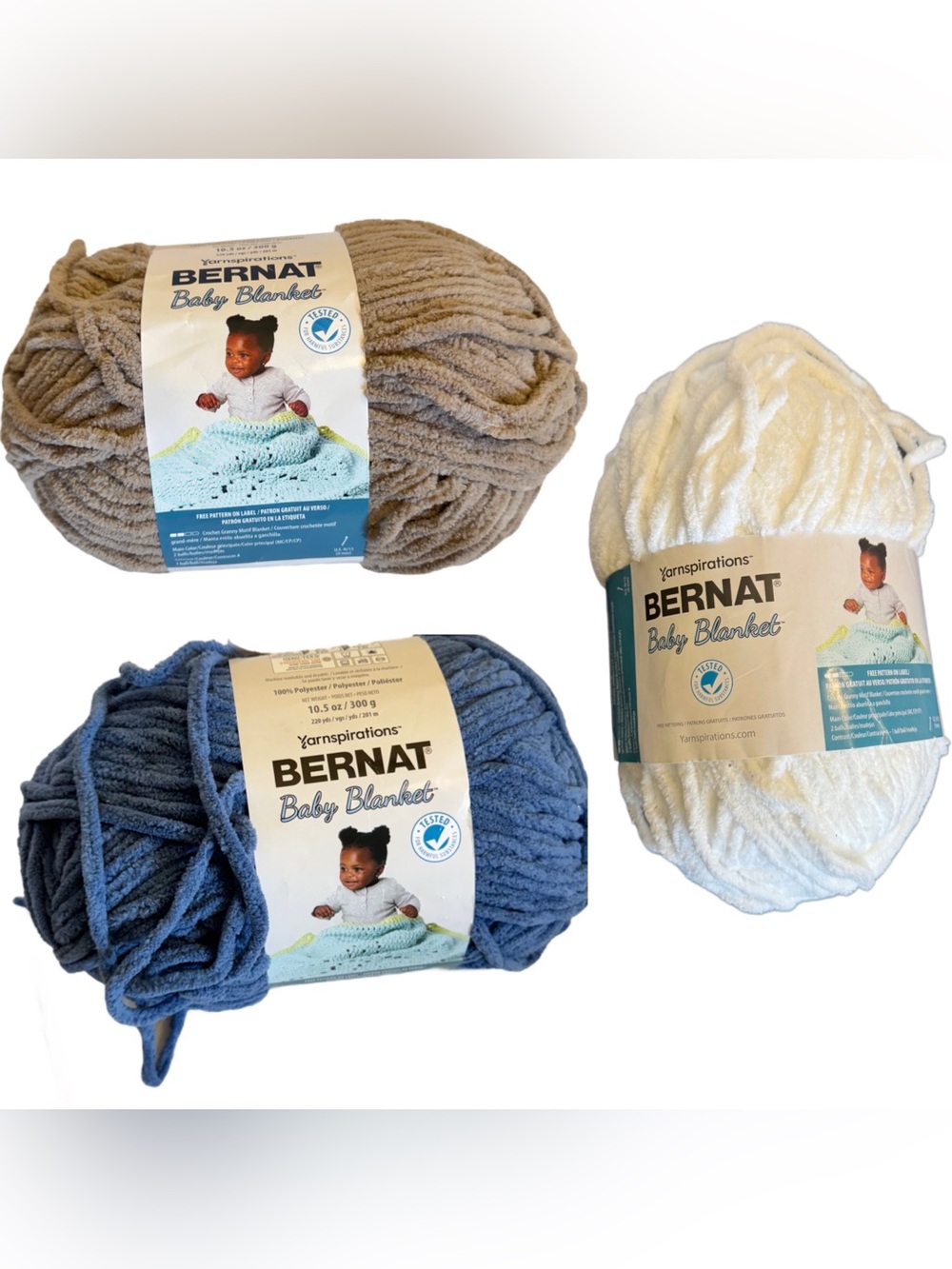 3 Ct Skien Yarnspirations 10.5 Oz Bernat Baby Blanket Tan Blue White Yarn 220yds